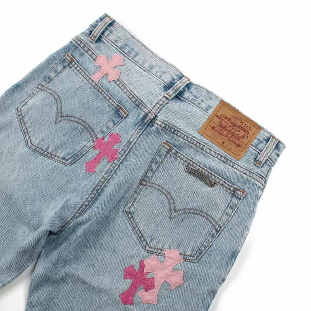 CHROME HEARTS Blue Jeans With Pink Crosses