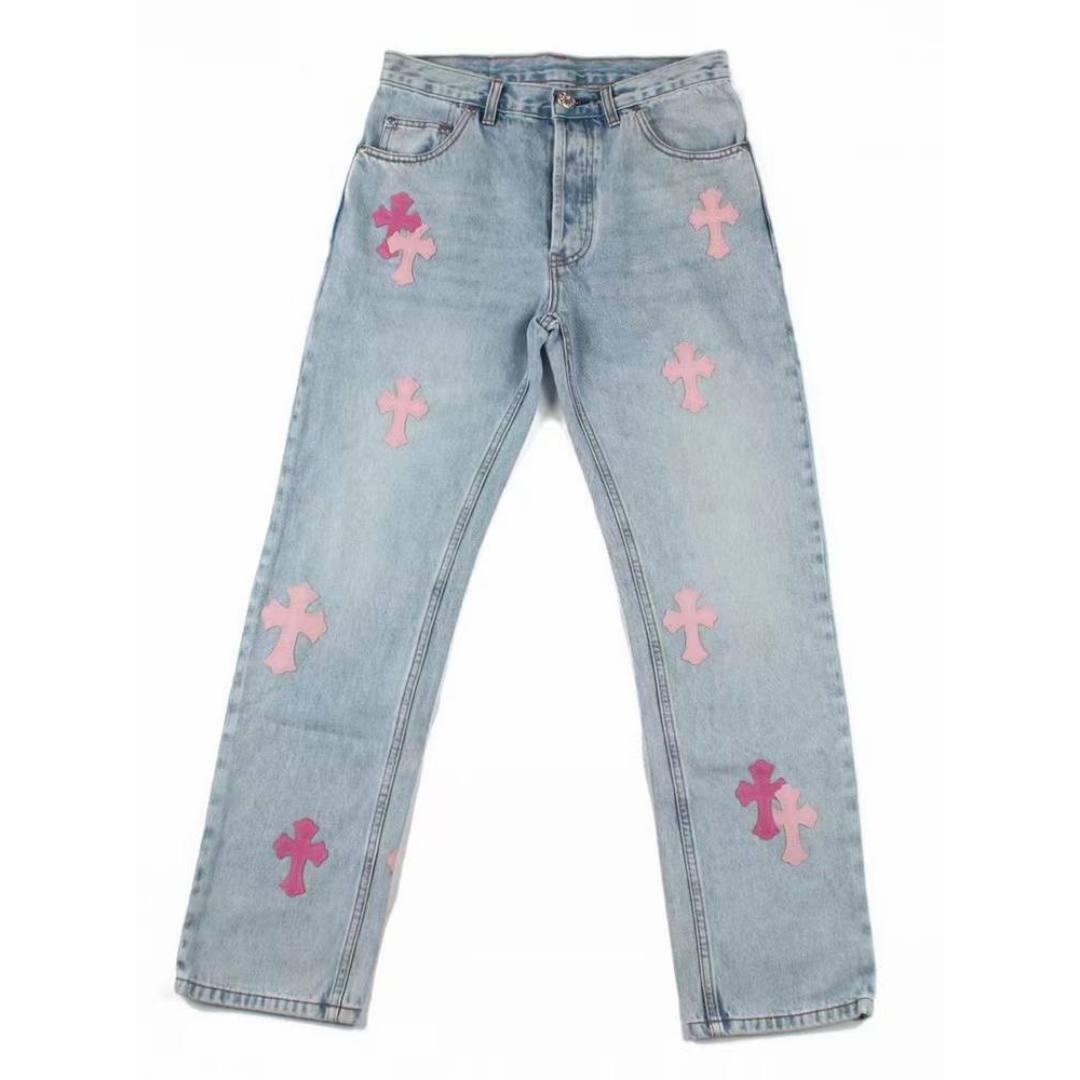 CHROME HEARTS Blue Jeans With Pink Crosses