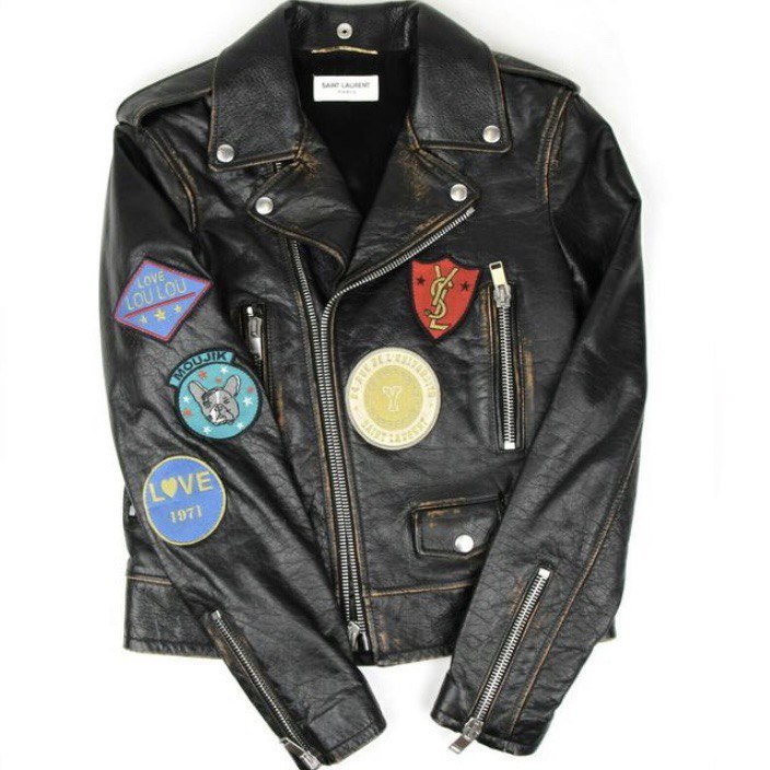 SAINT LAUREN Leather Biker Jacket With Multicolor Patches