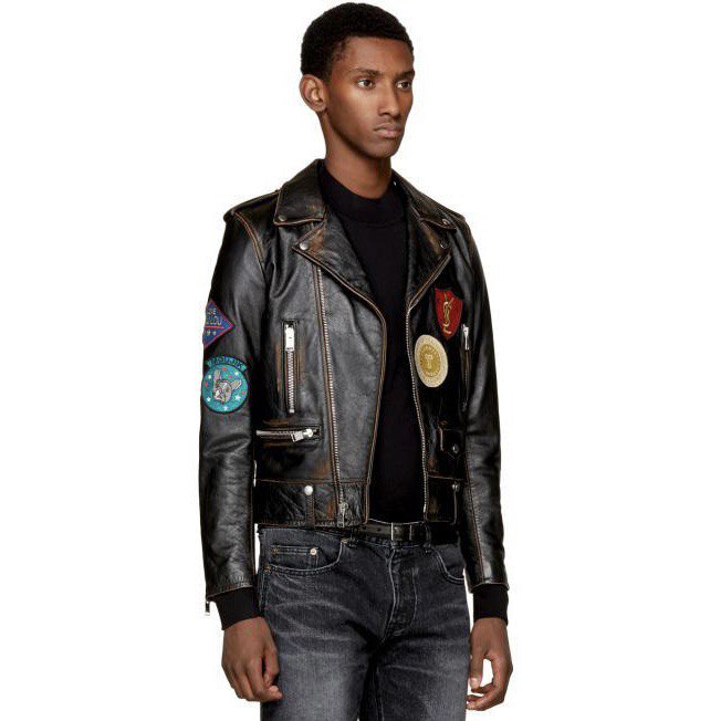SAINT LAUREN Leather Biker Jacket With Multicolor Patches