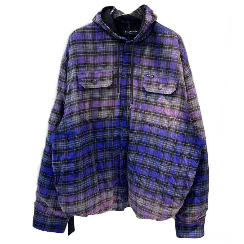 BALENCIAGA Bleached Purple Blue Padded Flannel Hood Shirt