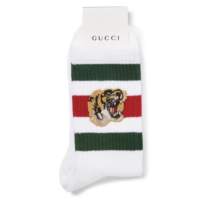 GUCCI Appliquéd Striped Stretch Cotton-Blend Socks - White/Black