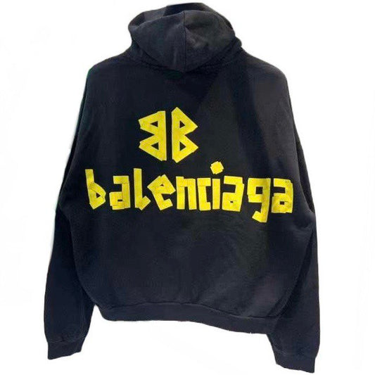 BALENCIAGA Tape Type Ripped Pocket Zip-Up Hoodie Large Fit In Black Faded