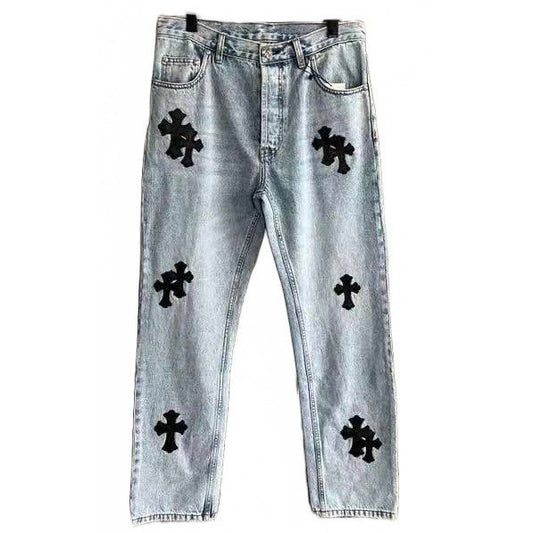 CHROME HEARTS Blue Jeans With Black Leather Crosses