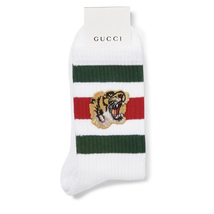 GUCCI  Appliquéd Striped Stretch Cotton-Blend Socks - White/Black