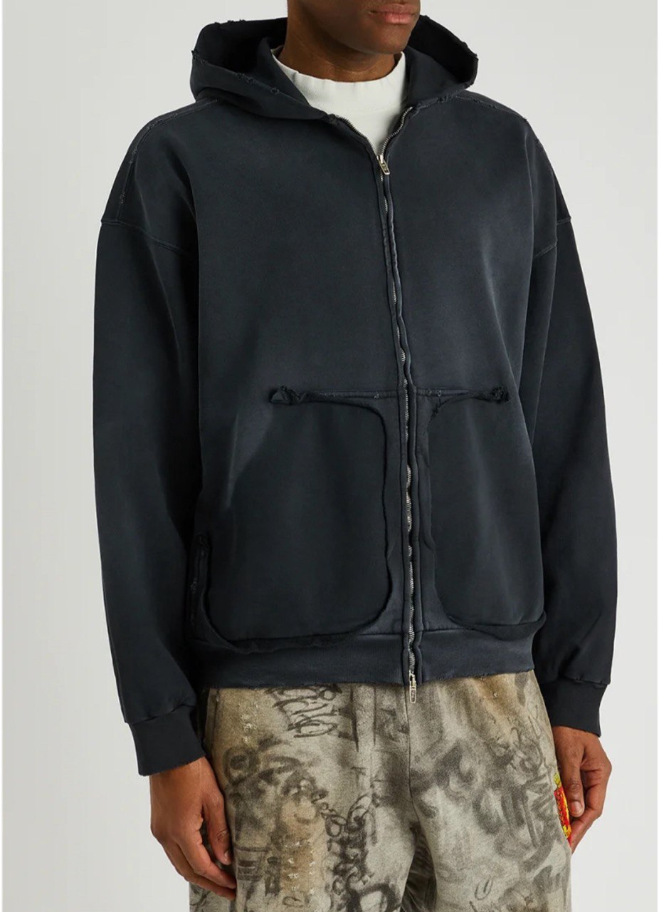 BALENCIAGA Tape Type Ripped Pocket Zip-Up Hoodie Large Fit In Black Faded