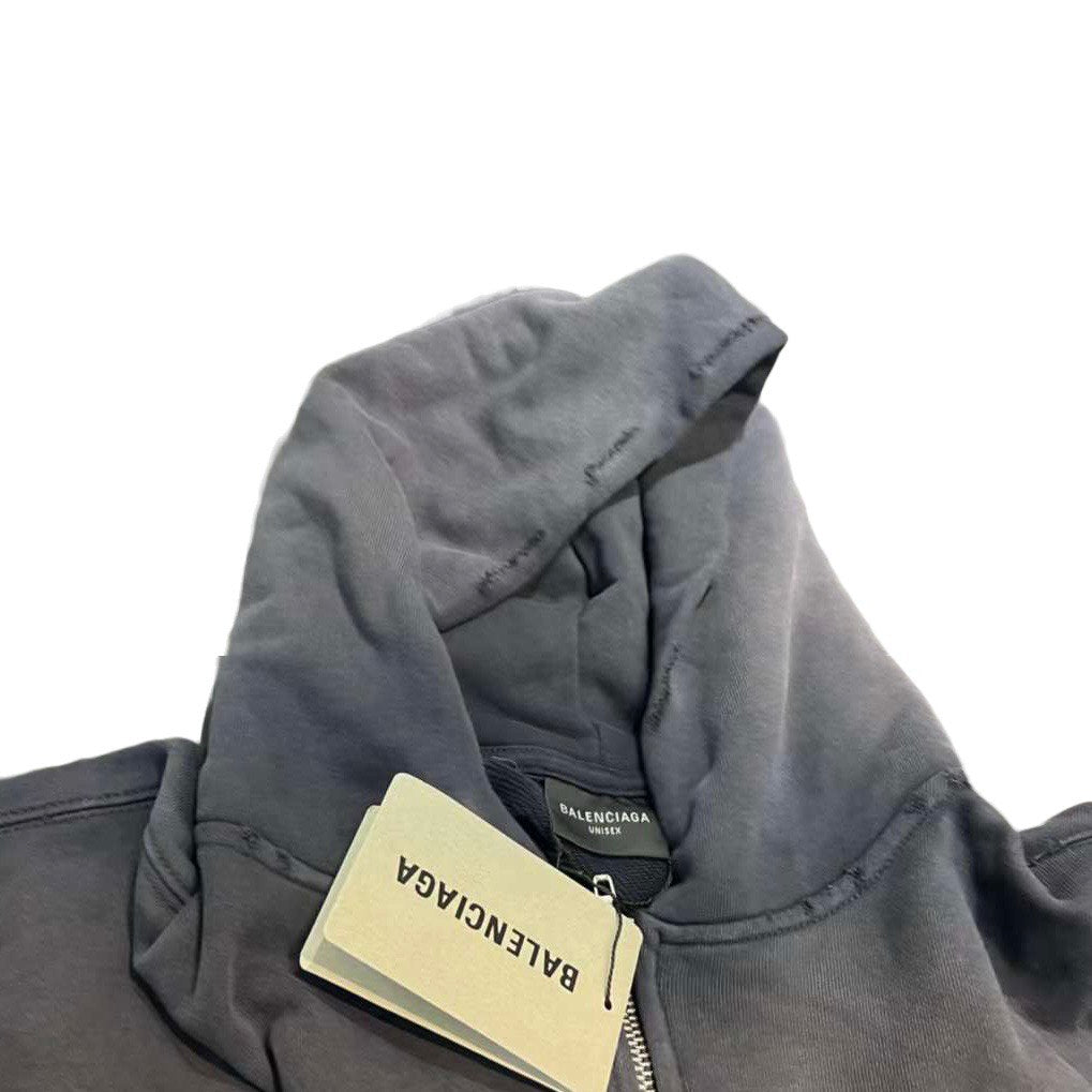 BALENCIAGA Tape Type Ripped Pocket Zip-Up Hoodie Large Fit In Black Faded