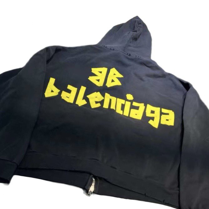 BALENCIAGA Tape Type Ripped Pocket Zip-Up Hoodie Large Fit In Black Faded