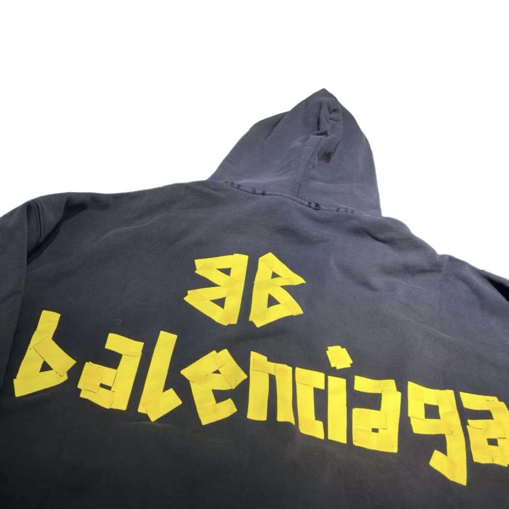 BALENCIAGA Tape Type Ripped Pocket Zip-Up Hoodie Large Fit In Black Faded