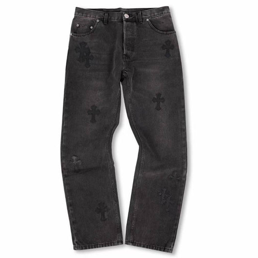 CHROME HEARTS Leather Patchwork Denim Pants